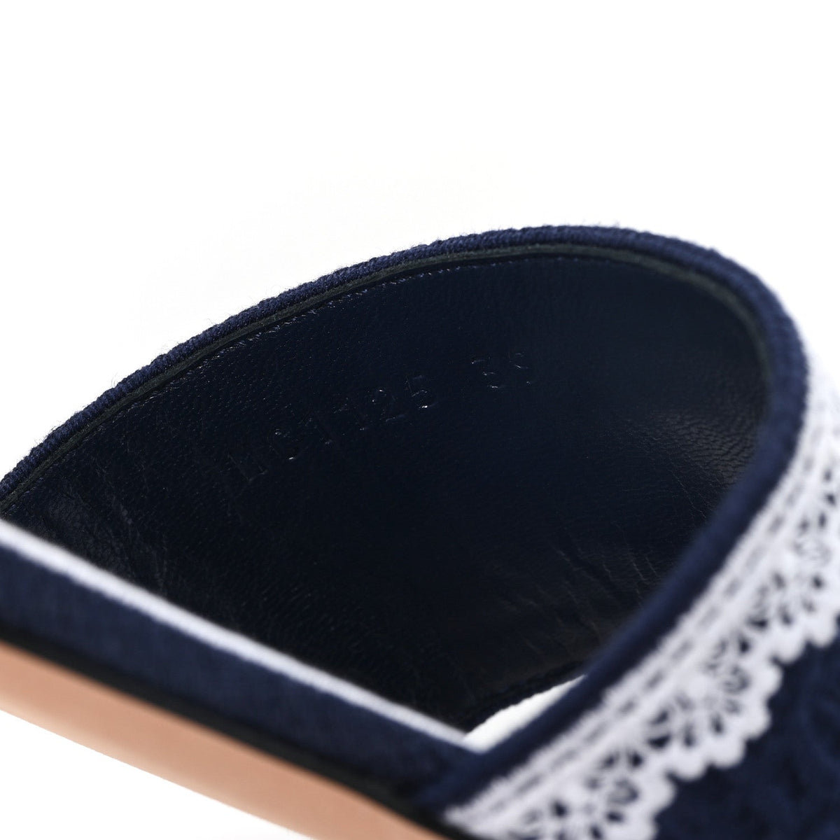 Oblique Embroidered Cotton Lace Dentelle Flat Slide Sandals 39 Navy Blue White