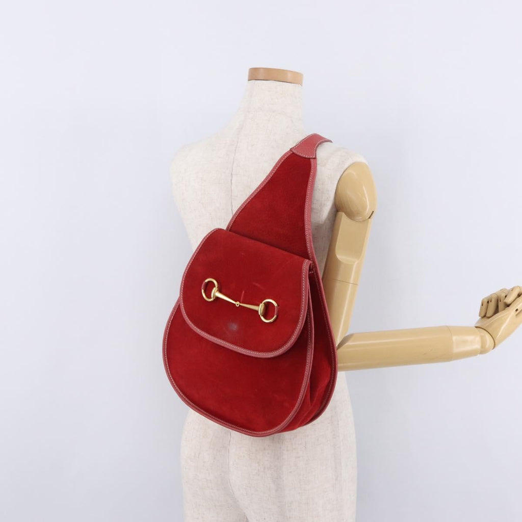 GUCCI Horsebit Shoulder Bag Suede Red Gold 003 2113 0034 Auth ep16294A