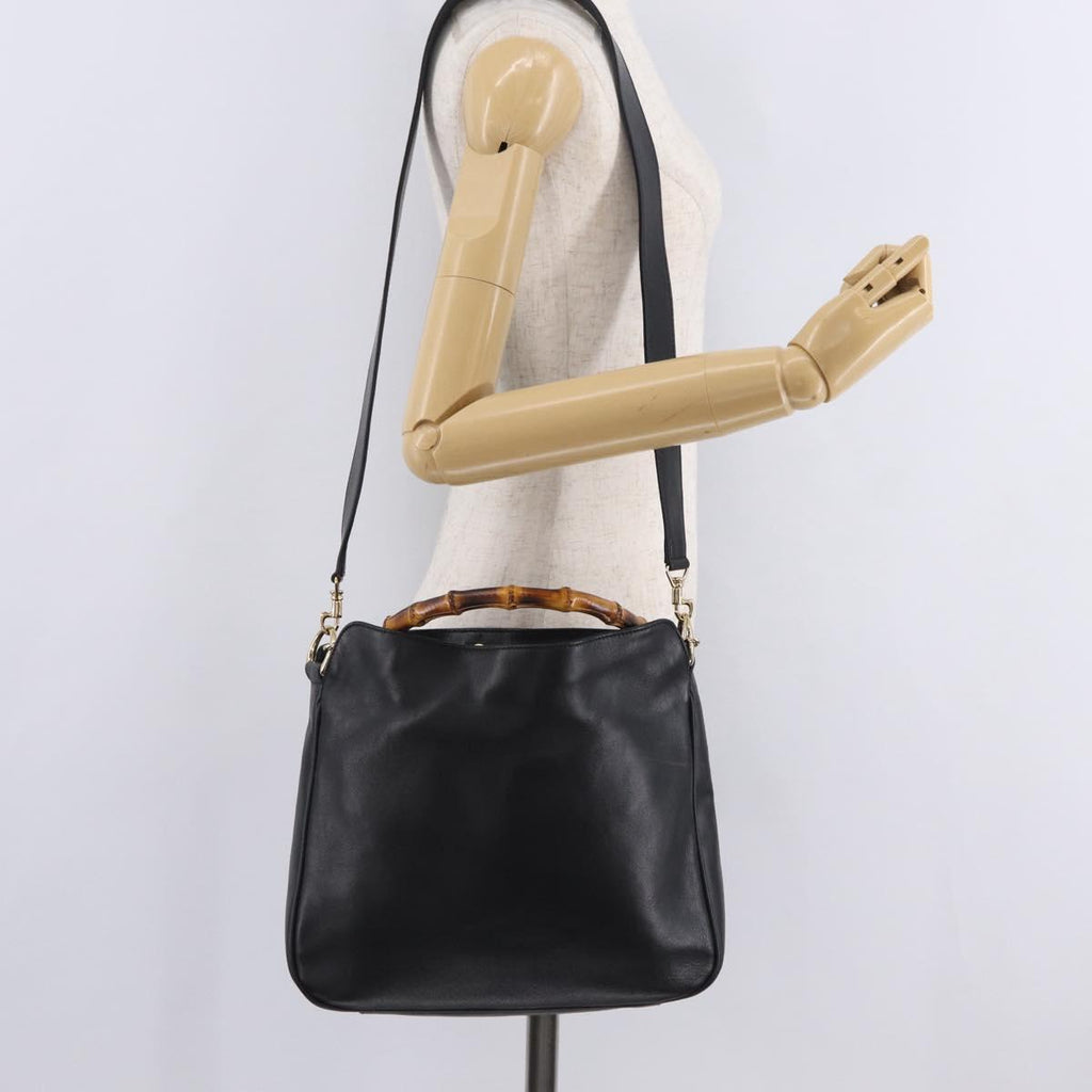 GUCCI Bamboo Hand Bag Leather 2way Black Gold 001 1638 Auth ep16370