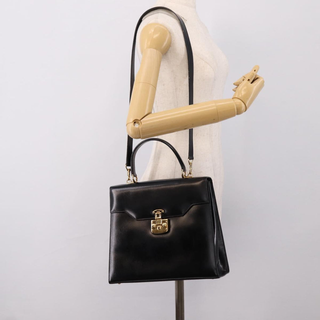 GUCCI Hand Bag Leather 2way Black Gold Tone Auth ep16693A