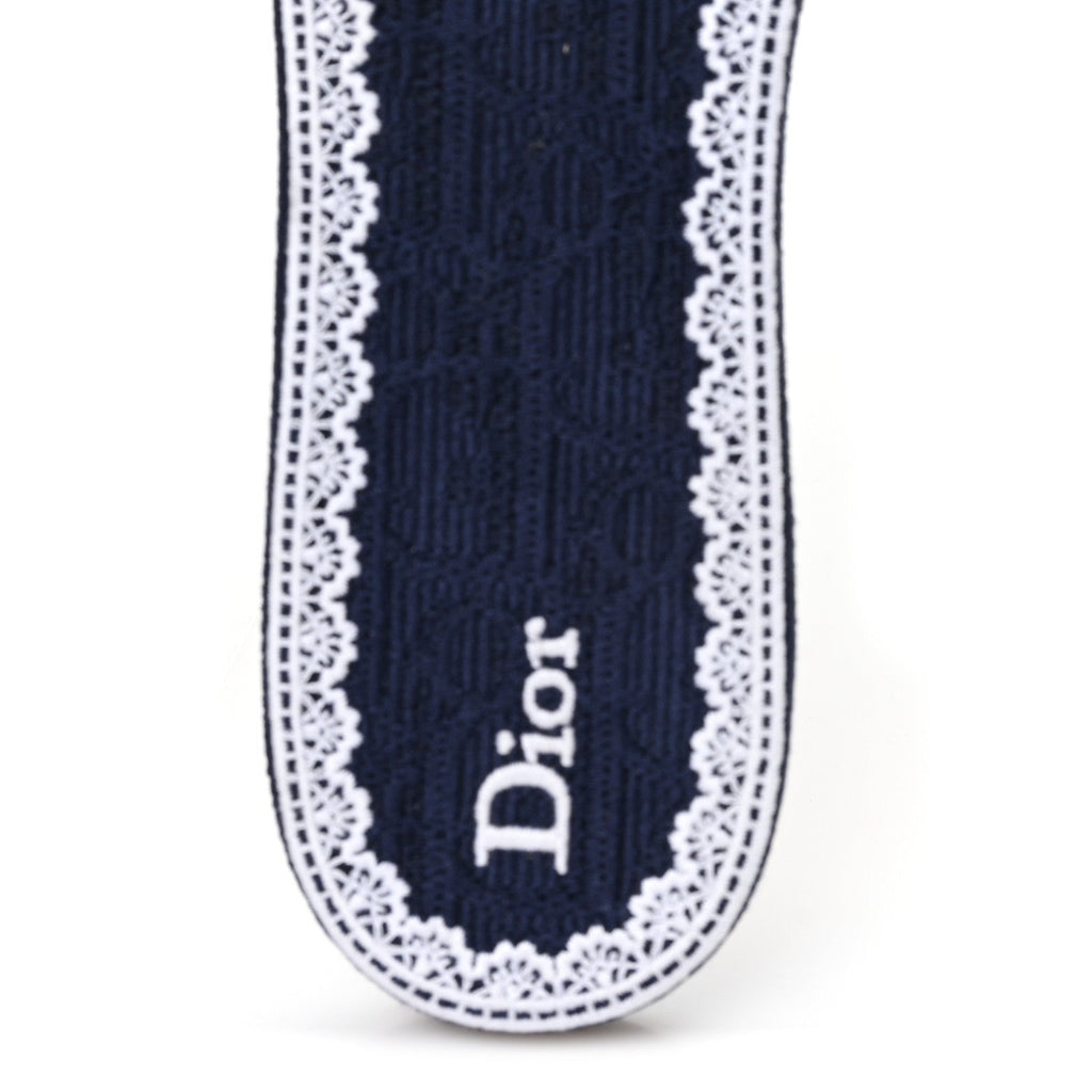 Oblique Embroidered Cotton Lace Dentelle Flat Slide Sandals 39 Navy Blue White
