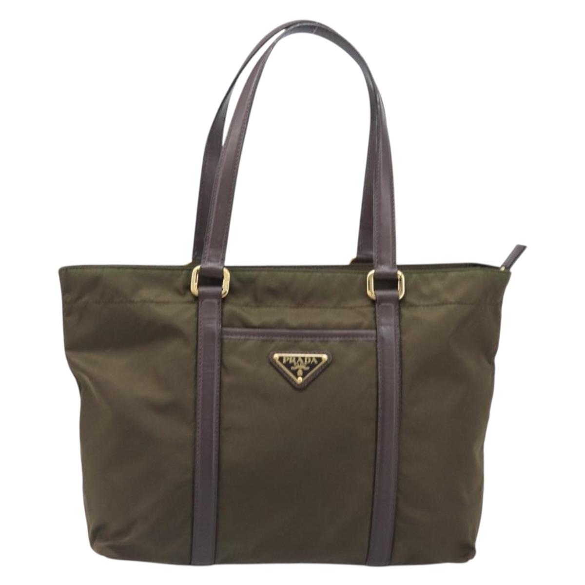 PRADA Tote Bag Nylon Green Gold Auth hk4229