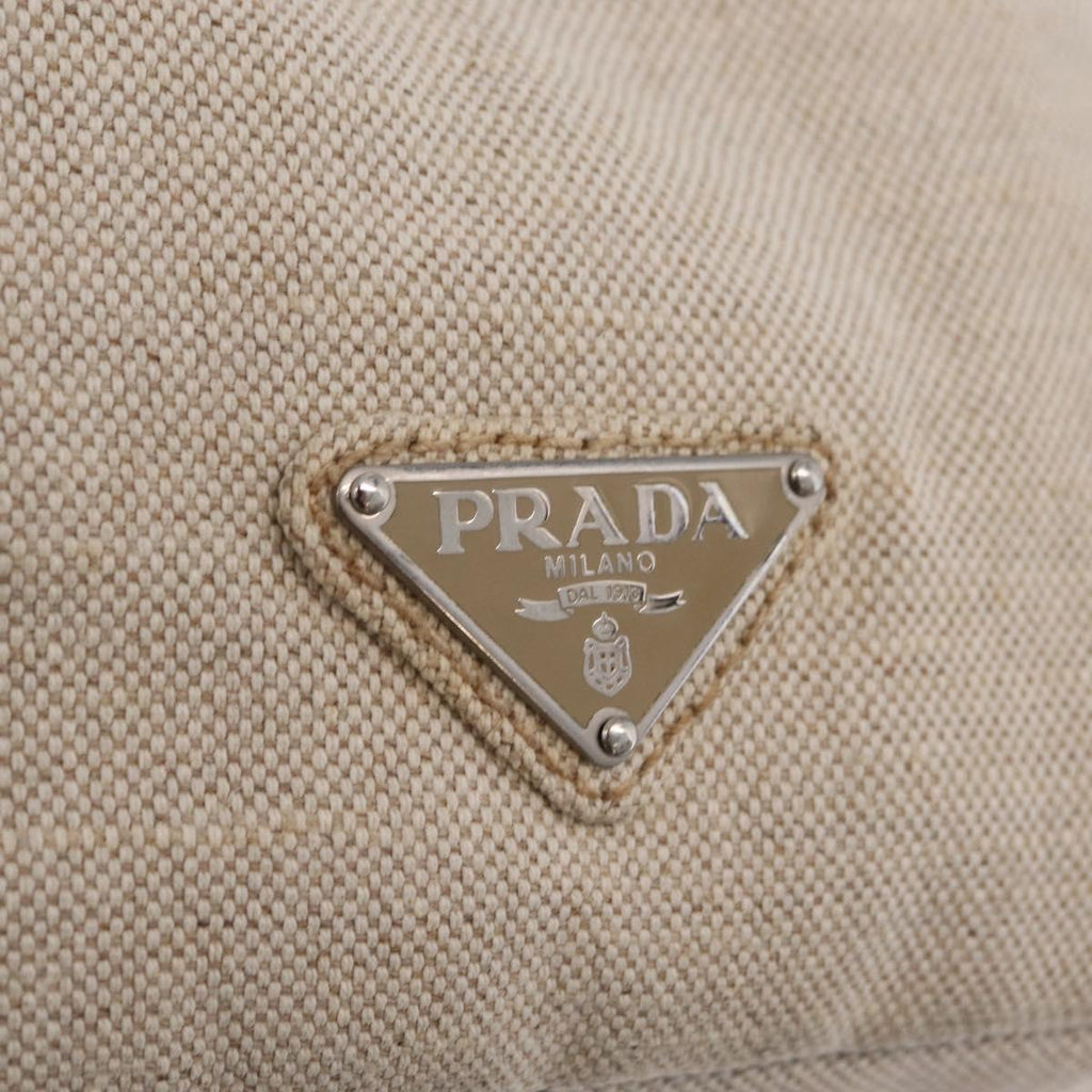 PRADA Canapa MM Hand Bag Canvas Beige Silver Auth ka6542