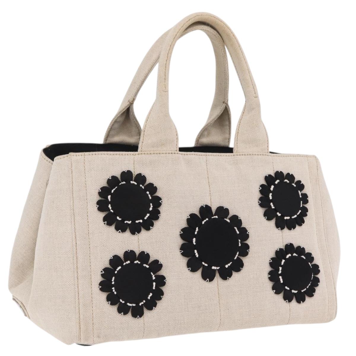 PRADA Canapa MM Hand Bag Canvas Beige Silver Auth ka6542