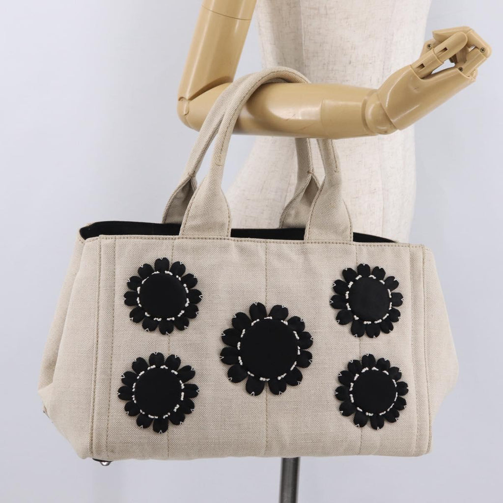 PRADA Canapa MM Hand Bag Canvas Beige Silver Auth ka6542