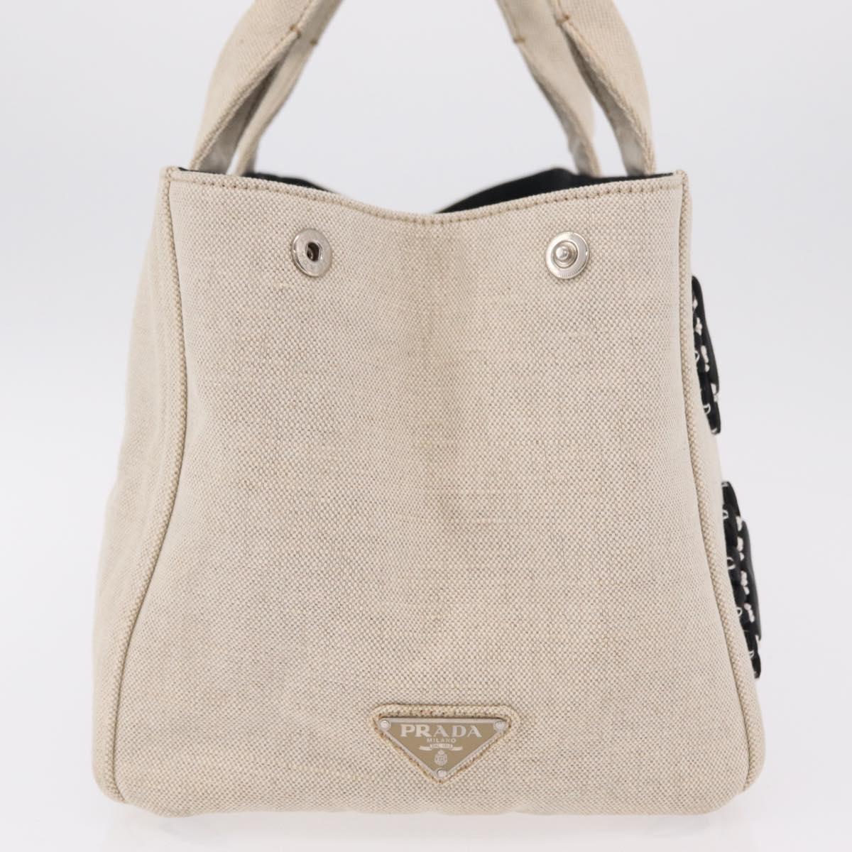 PRADA Canapa MM Hand Bag Canvas Beige Silver Auth ka6542
