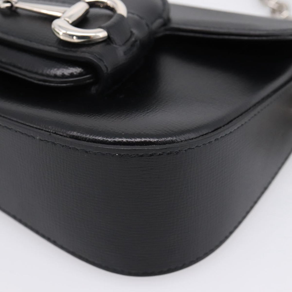 GUCCI Horsebit Chain Hand Bag Leather 2way Black Silver 774209 Auth ka6716M