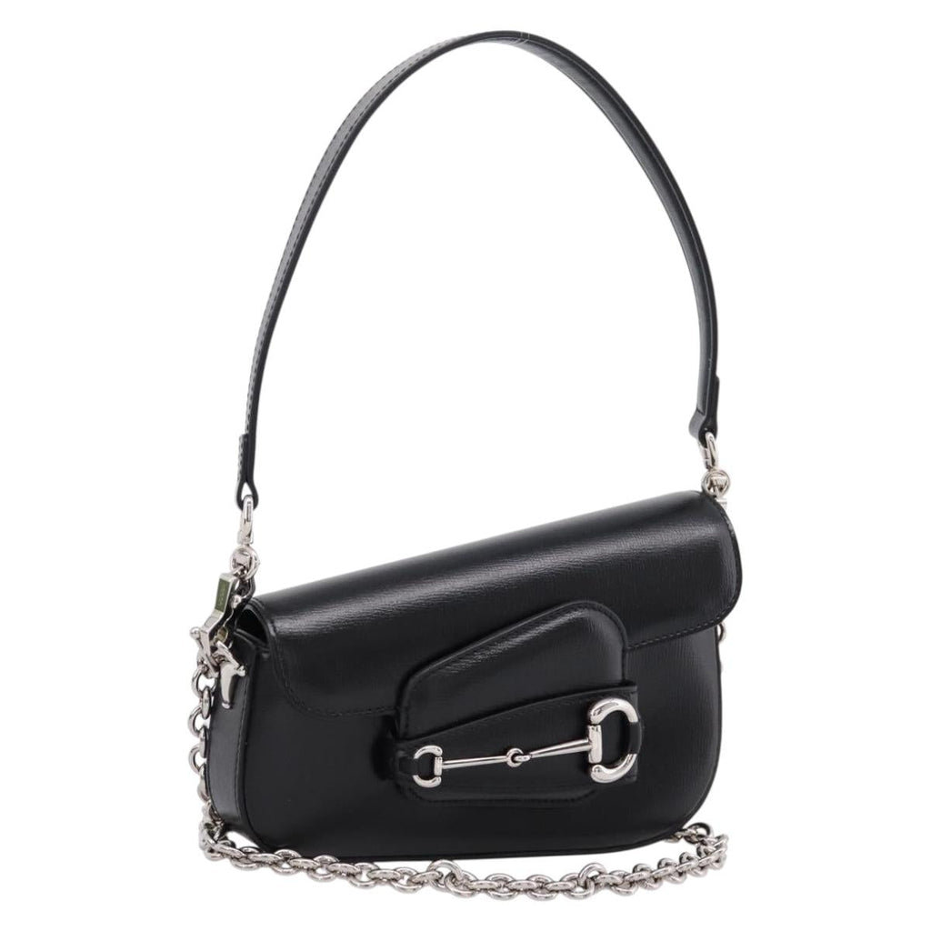 GUCCI Horsebit Chain Hand Bag Leather 2way Black Silver 774209 Auth ka6716M