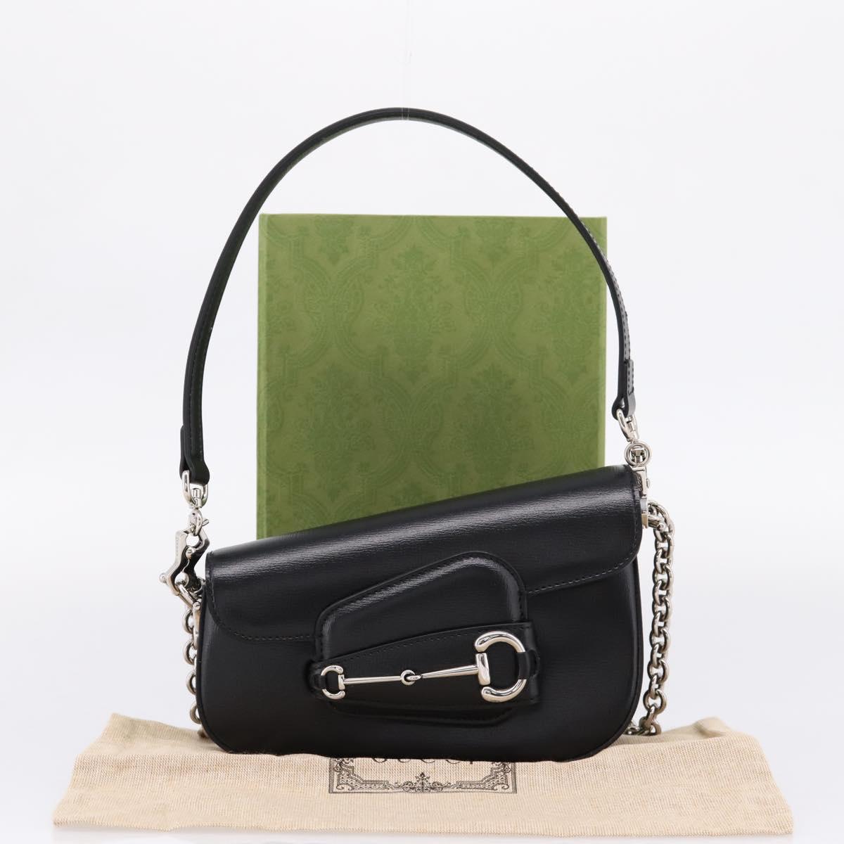 GUCCI Horsebit Chain Hand Bag Leather 2way Black Silver 774209 Auth ka6716M