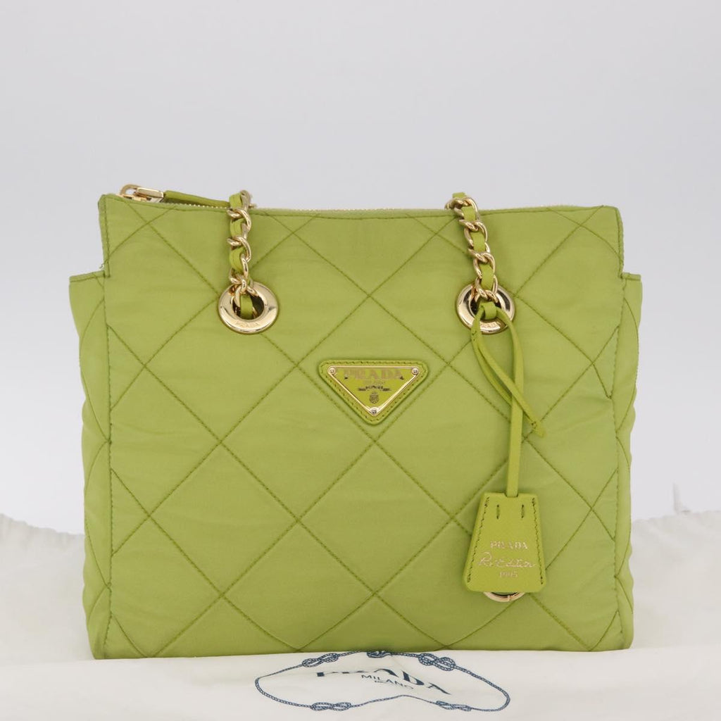 PRADA Chain Shoulder Bag Nylon LIme Green Gold Auth ka6808V