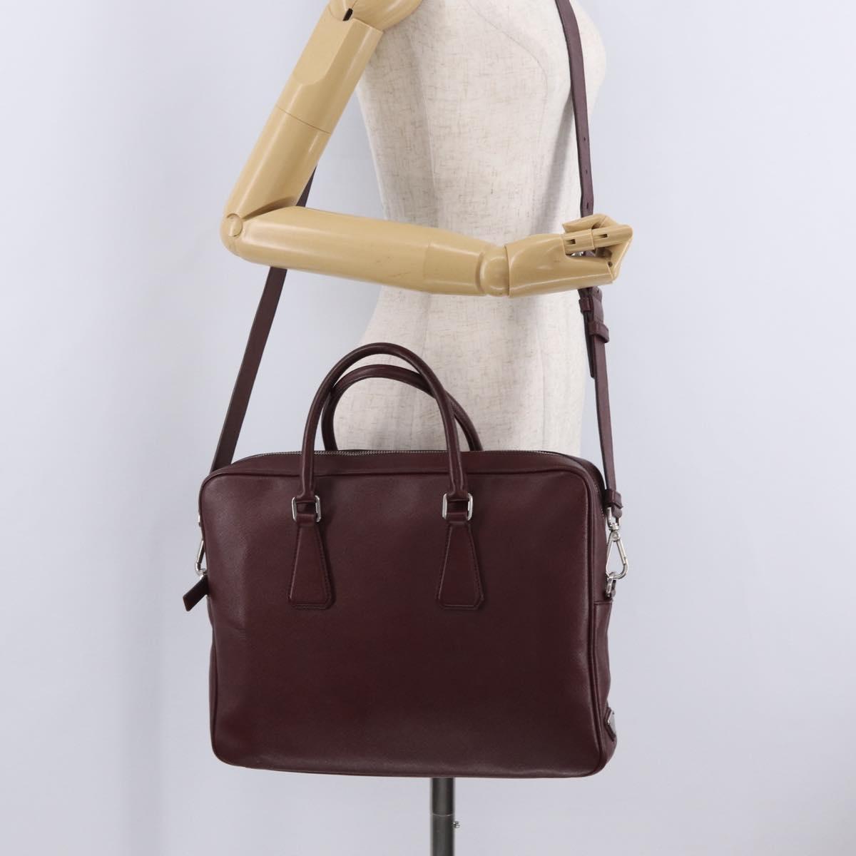 PRADA Business Bag Saffiano leather Bordeaux Silver Auth ka6891