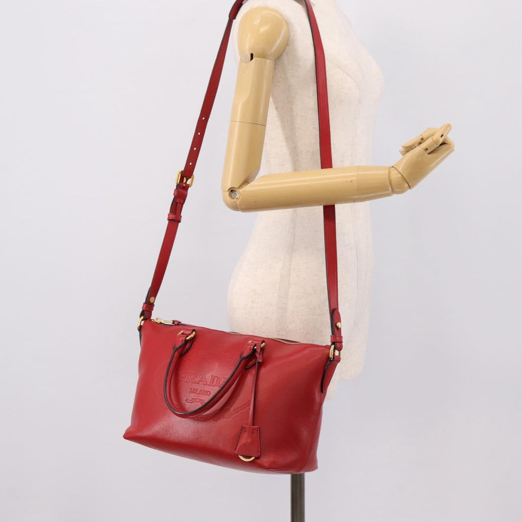 PRADA Hand Bag Leather 2way Red Gold Auth ki6814V