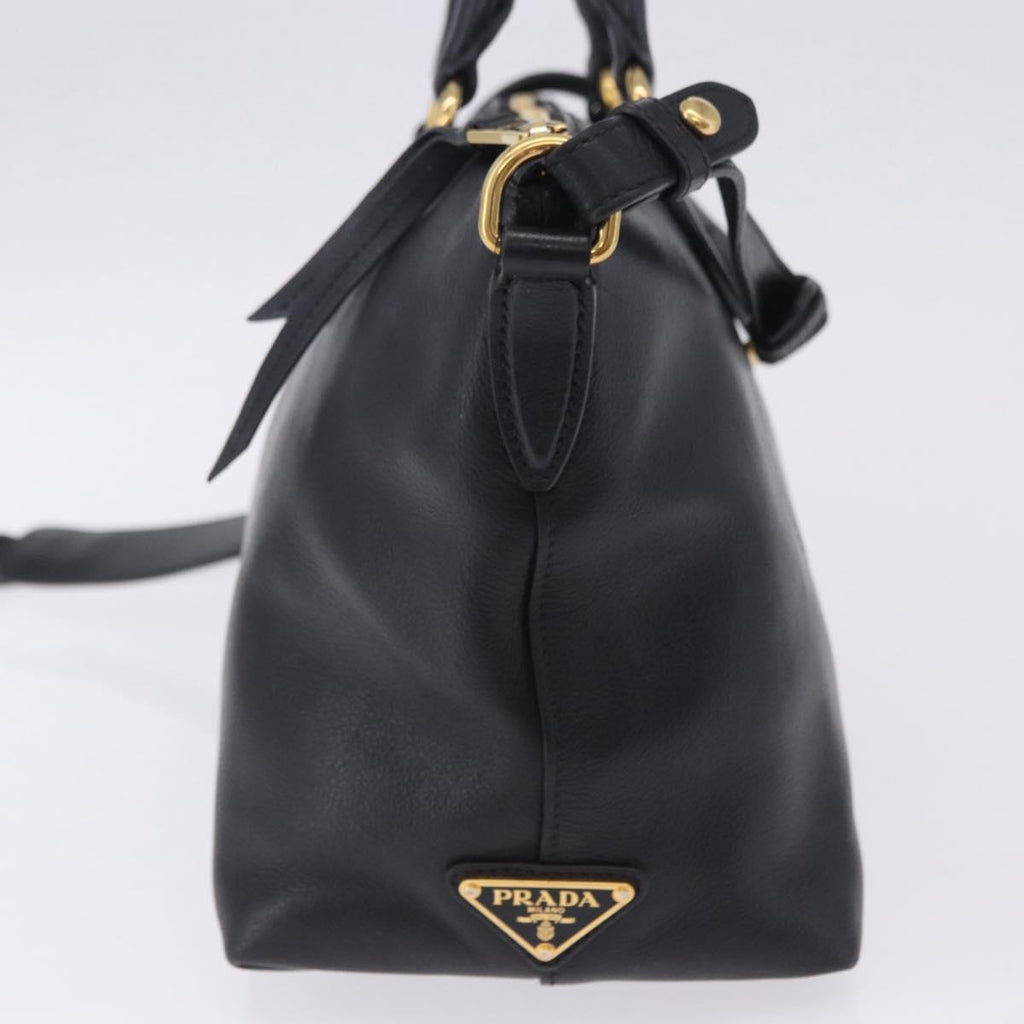PRADA Hand Bag Leather 2way Black Gold Auth LN148V
