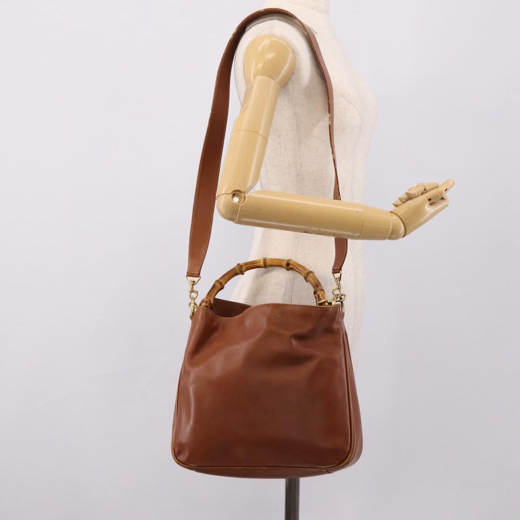 GUCCI Bamboo Shoulder Bag Leather 2way Brown Gold Auth LN172