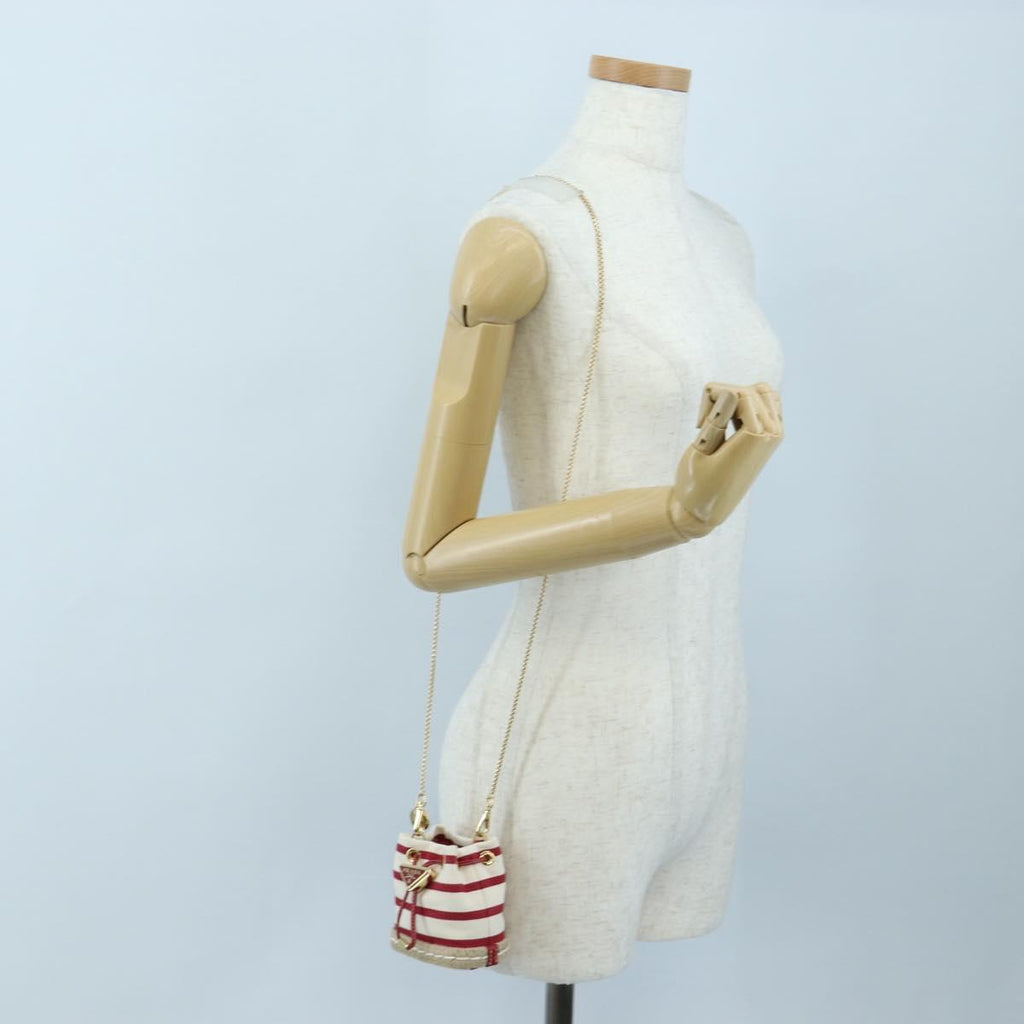 PRADA Chain Shoulder Pouch Canvas Red Gold Auth LN218M