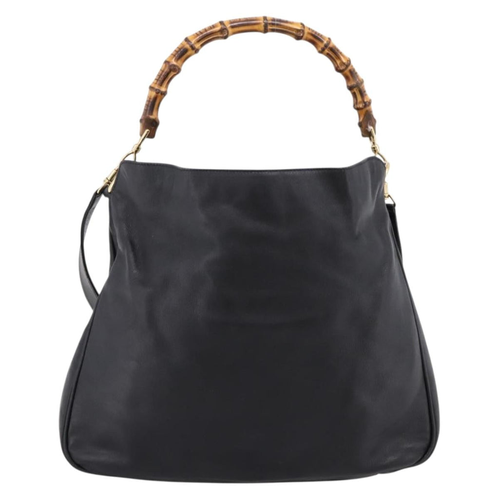 GUCCI Bamboo Hand Bag Leather 2way Black Gold 001 2058 1577 Auth LN249