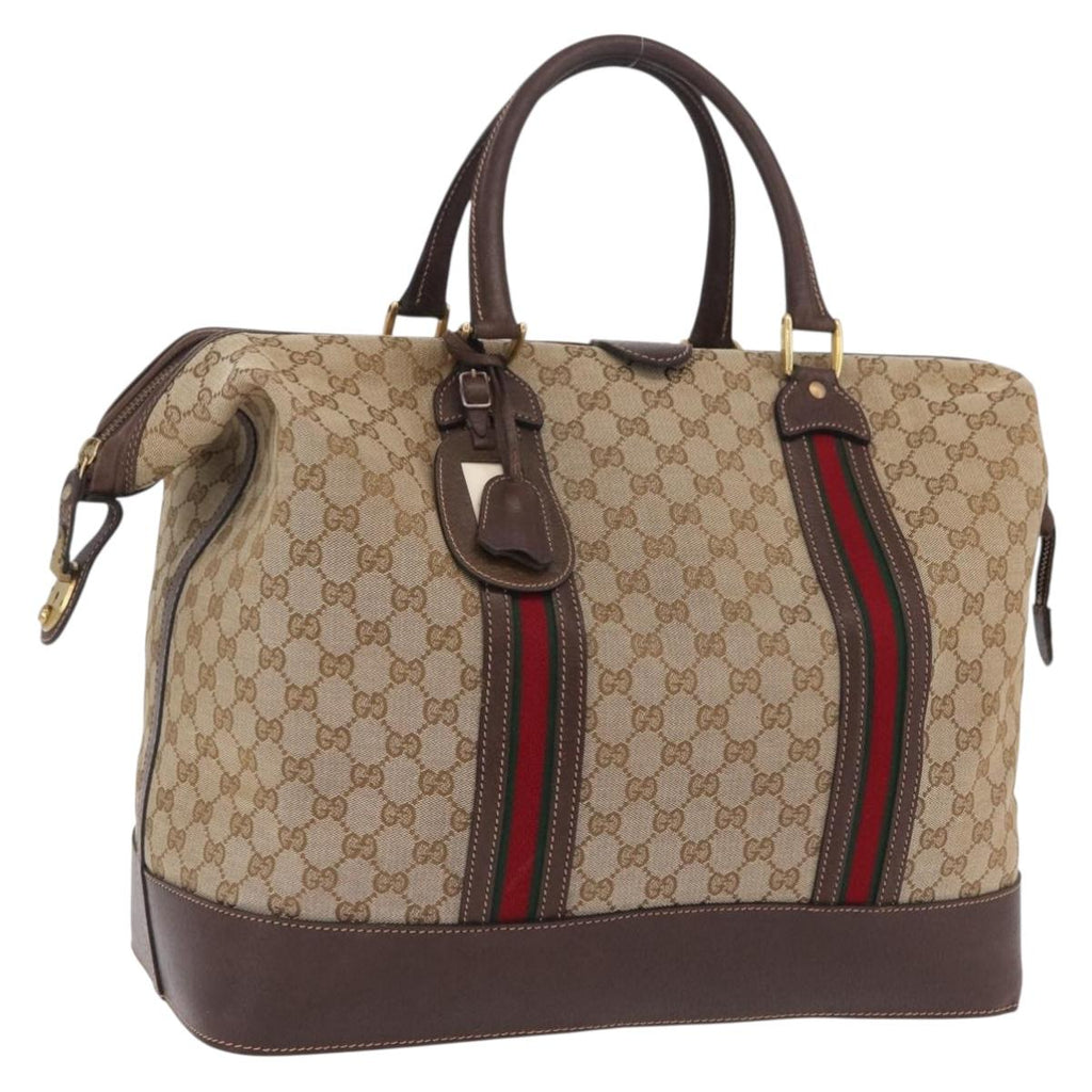 GUCCI GG Canvas Web Sherry Line Boston Bag Beige Gold Tone Auth mr3043