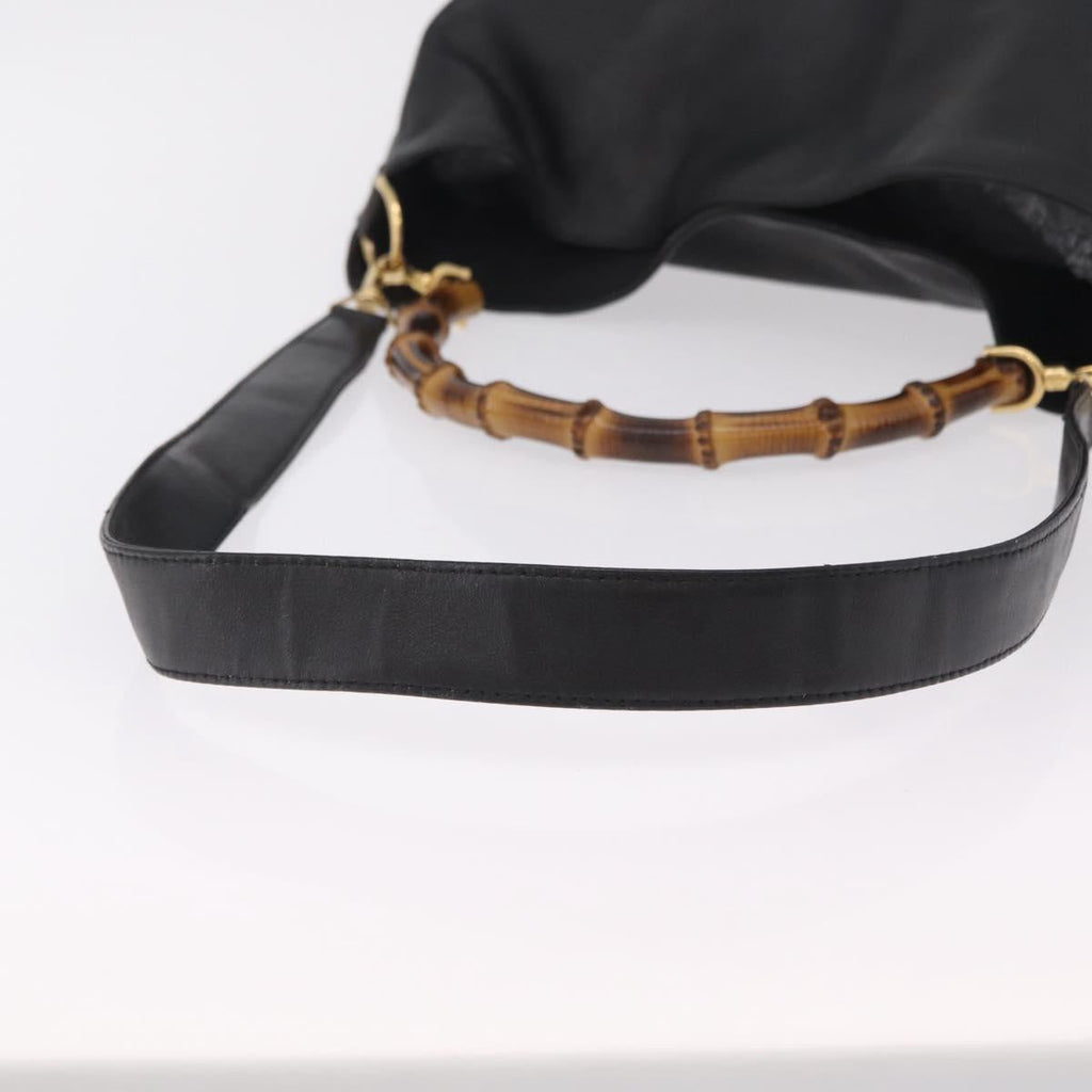 GUCCI Bamboo Hand Bag Leather Black Gold Tone 001 123 1577 Auth mr3072A