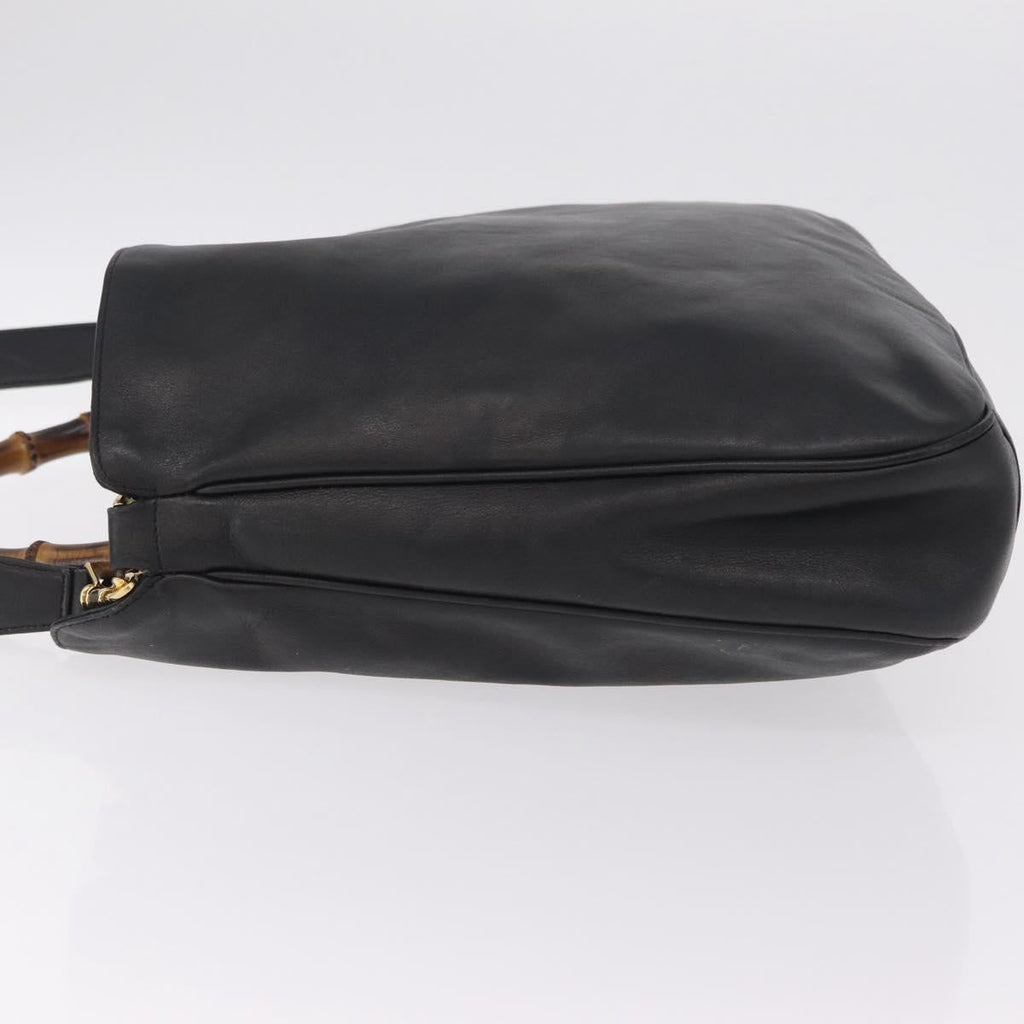 GUCCI Bamboo Hand Bag Leather Black Gold Tone 001 123 1577 Auth mr3072A