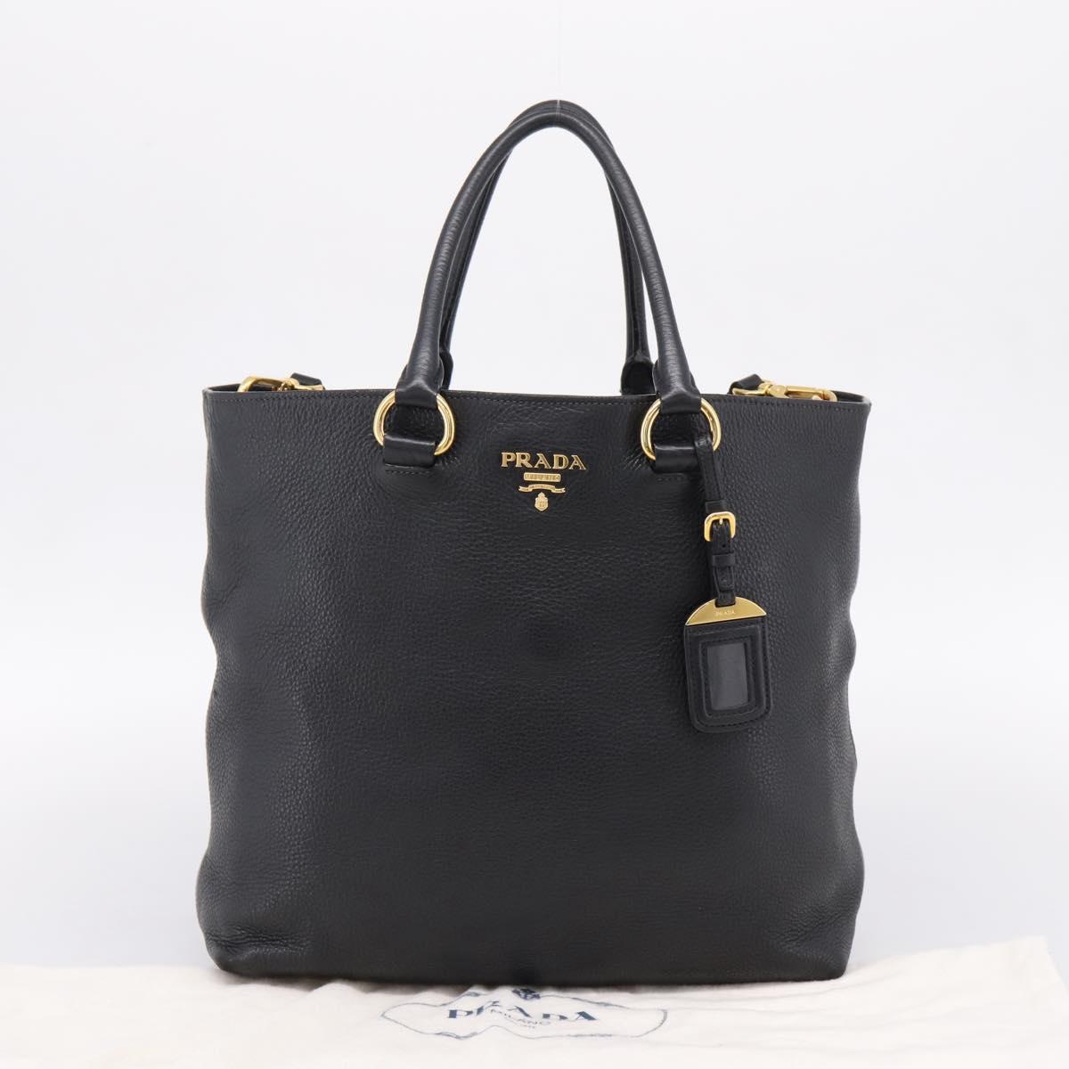 PRADA Tote Bag Leather 2way Black Gold Auth yk21027V